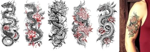 5 feuilles de tatouages temporaires Dragon and Roses5 avec roses