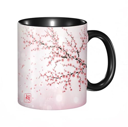 HRRASFAZF Tasse à Café | Tasse Céramique Fine | Cadeau Original | 330ml | Mug avec Anse | Cadeau Original pour Homme et Femme | Branche de cerisier japonais réaliste avec des fleurs en fleurs.