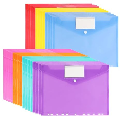 Dokumentenmappe A4, 30 Stück Dokumententasche A4 zum Abheften, 9 Farben Mappen mit 11 Lochrand Klettverschluss und Etikettentasche, Wasserdicht Sammelmappe für Dokumente Organisieren