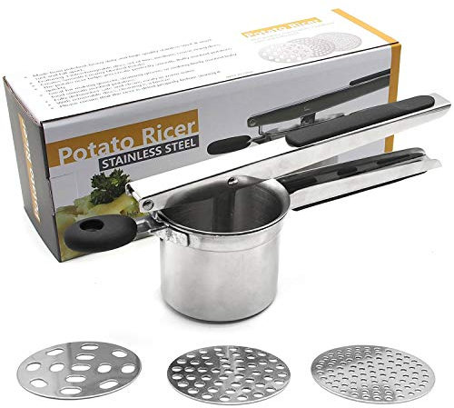 Potato Press Stainless Steel, Professional Potato Stamping Spaetzle Press with 3 Interchangeable Spaetzle TraThestlae, Ergonomic Design for Effortless Pressing,