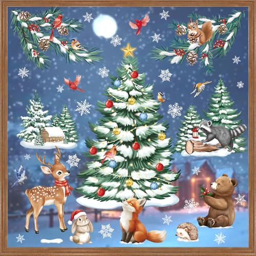 wondever Fensterbilder Weihnachtsbaum Tiere Winter Elch Bär WeihnachtenDeko | Wiederverwendbar, Doppelseitig Statisch PVC Fensterdeko, Fensterfolie weihnachten selbstklebend für Winter Innen Dekoration