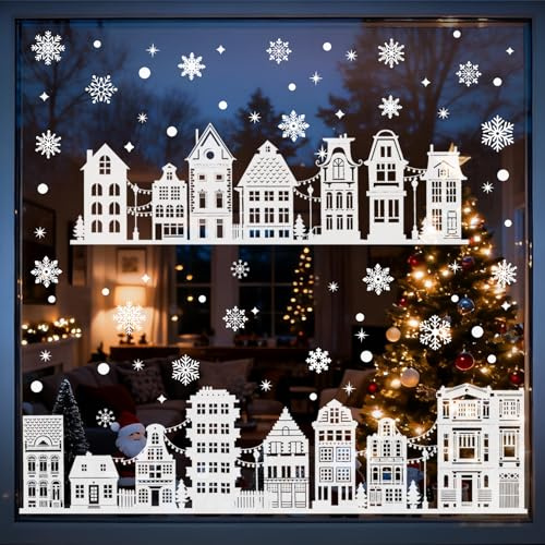 LIHAO Fensterbilder Weihnachten Häuser Fensteraufkleber Selbstklebend 9 Blätte Weihnachten Winter Weihnachtsdeko Selbstklebend Weihnachtsfensterbilder Weihnachtsdeko Fenster