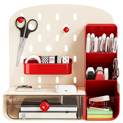 Genérico Organizador de Escritorio Modular con Cajón Transparente - Compartimentos Ajustables | Accesorios de Oficina, Estudiantes - Hogar -Niños- Estilo Moderno - Multifuncional (Rojo/Beige)