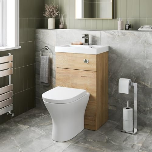 Baystone® Modern Bathroom Cloakroom 2 in 1 Back to Wall BTW Toilet Wash Basin Combi Unit Space Saving Set D Shape Pan Soft Close Seat Dual Flush Cistern, Oak