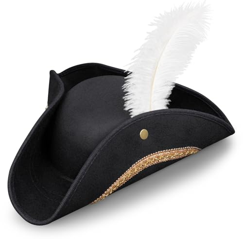 Spinosaurus Piratenhut Damen Herren Piraten Hut Schwarz Dreispitz mit Feder,Pirate Zubehör Für Männer Und Frauen Halloween Fasching Kostüm Accessories