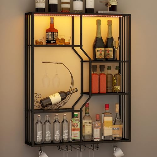 ARTETHYS Wall Mounted Wine Rack, Floating Shelves for Wall, 80cm LED RGB Wine Racks Bar Shelves with APP Control, Adjustable Gaming Shelf with Glass Holder for Kitchen Home Bar Dining Room