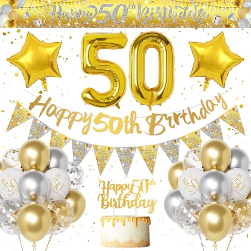Decorazioni Compleanno 50 Anni Uomo Donna, Oro Argento Palloncini Compleanno 50 Anni, Striscione Buon Compleanno, Numero 50 Palloncino Oro e Argento Decorazione Festa per 50 Uomo e Donna