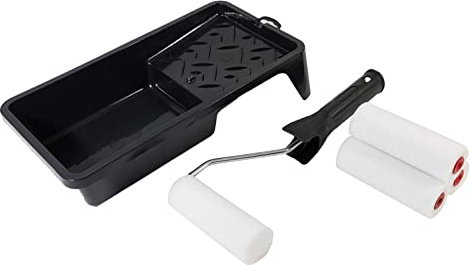 Färgroller set för lack – professionellt lackeringsset 4 x skumrulle 10 cm I lackrullset med bygel I färgbadkar och färgskål I skumrulle fin för släta ytor och förseglingar