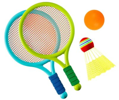 wueiooskj Set da Tennis e Badminton per Bambini, Racchetta da Tennis per Bambini, Giocattoli da Spiaggia, Blu e Rosa