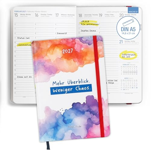 TOBJA® Buchkalender 2027 A5 Hardcover Aquarell - 1 Woche 2 Seiten Halbstunden 6-21 Uhr | Terminplaner mit Gummiband, Lesezeichen & Griffregister | FSC | Wochenplaner