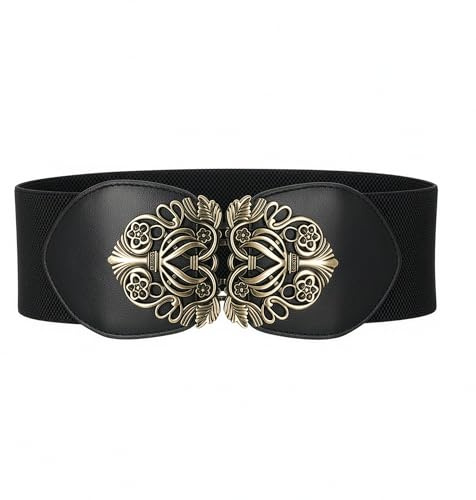 BlackButterfly 7.5 CM Bred Waspie Elastisk Vintage Spänne Midja Bälte (Svart, 2XL)