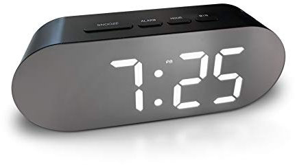 Digital Alarm Clock - Mains Powered, Big Digit Mirror Display, No Frills Simple Operation Alarm Clocks, Bedside Alarm, Snooze, Non Ticking, Full Range Brightness Dimmer, Two USB Charging Ports (Black)