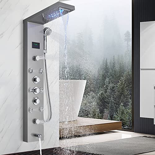 JUNSHENG - Pannello doccia moderno in acciaio inox, colonna idromassaggio per bagno con LED soffioni + 5 uscite d'acqua + schermo LCD, temperatura regolabile, nichel spazzolato