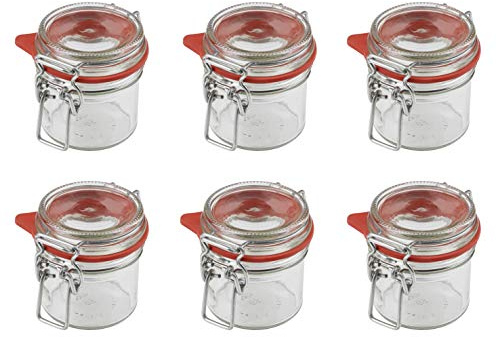 Dr. Oetker Einmachgläser mit Bügelverschluss 135 ml, Vorratsglas mit Deckel, luftdichtes Marmeladenglas, vielseitiges Einweckglas, Bügelverschlussglas (Farbe: Transparent/Rot), Menge: 6 Stück