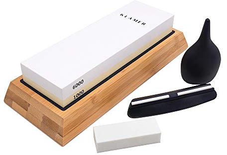KLAMER Messer Schleifstein Set 1000/6000 Körnung Doppelseitiger Messerschärfer Abziehstein Wetzstein mit rutschfestem Bambusboden