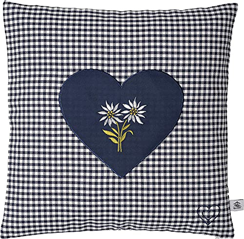myZirbe Zirbenkissen Bestickt mit Herz und Edelweiss blau karriert Größe 40x40 cm befüllt mit Zirbenflocken aus Zirbenholz in extra Inlett