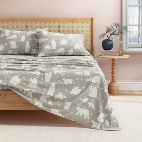 Great Bay Home 100% Turkish Cotton Flannel Sheet Set Deep Pockets Soft Sheets Warm Double Brushed Flat Sheets Flannel Sheets (Full, Grey Polar Bears)