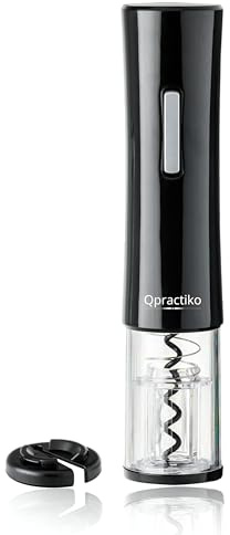 Qpractiko elektrisk korkskruv, batteridriven vinöppnare med kapselskärare, svart rostfritt stål, öppnar upp till 40 flaskor
