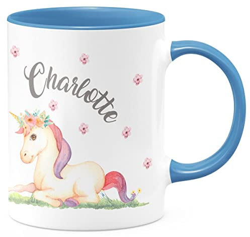 miKalino Keramik Tasse Einhorn liegend mit Namen | Kaffee Becher Kaffeetasse Geschenk, Farbe:cambridgeblue, Grösse:330ml