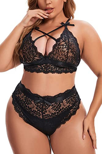 Aranmei Plus Size Lingerie for Women Lace Bra and Panties Set Sexy Bralette Set, 22-24, Black, 2XL