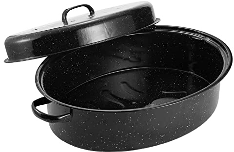 Granite Roasting Pan, 18” Enameled Roasting Pan with Domed Lid. Oval Turkey Roaster Pot, Broiler Pan Great for Turkey, Chicken, Lamb, Vegetable. Dishwasher Safe Cookware Fit for 18Lb Turkey by Kendane