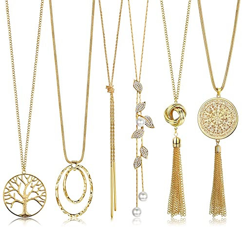 Milacolato 6 Stücke Boho Halskette Damen - Lange Kette mit Anhänger und Quaste - Statement Kette für Frauen
