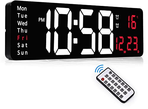 SZELAM Large Digital Wall Clock with Remote Control Adapter,16.2'' LED Display Alarm Clocks Day Week Temperature,Automatic Brightness for Living Room-Red, (6626)