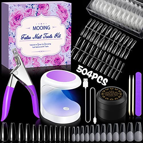 MOOING Nail Tips and Glue Gel Kit, 504 Fake Nails Tips Coffin, Fake Nails Tips Starter Set, 11 Größen Fake Nails Transparent, Kleber Gel Nail Kit mit Mini Nagellampe, Nagelfeile, Nagelknipser