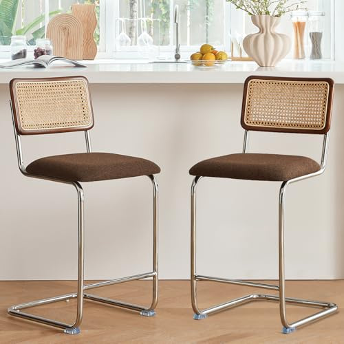 GrandNoor Natural Rattan Counter Height Stools Set of 2 with Solid Wood Back, 24 Inch Mid Century Modern Cesca Bar Stools, Brown Upholstery Boho Stool for Kitchen Counter with Chrome Metal Legs