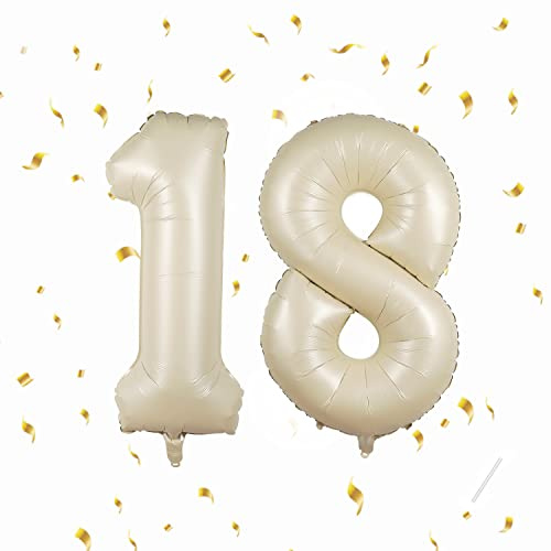 Globos de 18 cumpleaños,Beige 40 pulgadas Globo número, 18 decoraciones de Globo número cumpleaños para hombre y mujer, Globo inflable de lámina de oro 18.