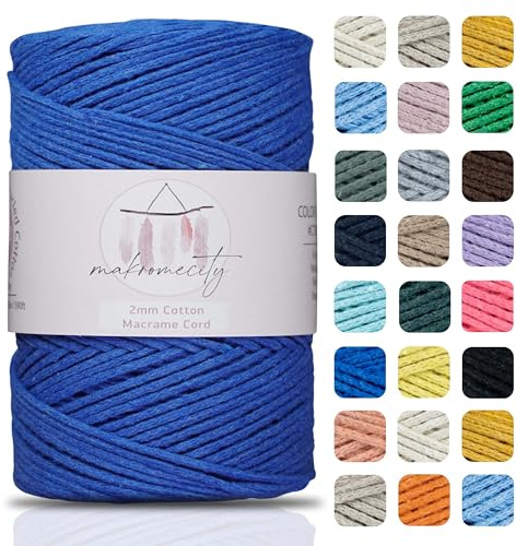 Makromecity, Cotton Macrame Cord 2mm x 195 Yards (590 feet) 2mm Recycled Cotton Crochet Yarn for Macrame Art & Crafts for Wall Hangings, Bags, Underplate, Rug (25 Colors Available) (Sax Blue)