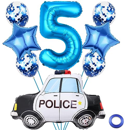 Liitata 5. Polizei Geburtstagsparty Deko Polizei Luftballon Set Blau Zahl 5 Folienballon Großes Polizeiauto Luftballon für Junge Geburtstag Party Motto Party Deko