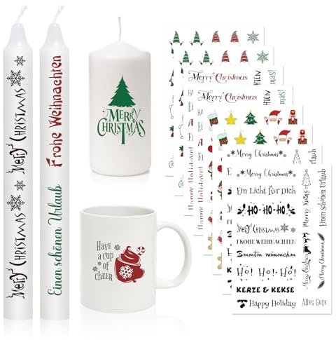 Ponsey 8Stück Weihnachten Kerzen Tattoo Tolie, Wasserschiebefolie Kerzensticker für Kerzen/Keramik Transferfolie Kerzen DIY Geschenk Weihnachten Kerzendekoration