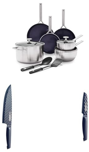 Blue Diamond Triple Steel Cookware Set and Knives, Incl 11 Stainless Steel Frying Pans and Saucepans with Non-Stick Ceramic, 20cm and 9cm Knives, PFAS Free, Induction, Oven, Dishwasher