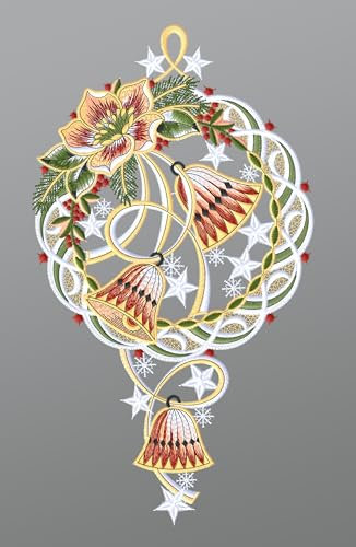 Plauener Spitze Fensterbild Glöckchen mit Kranz (Bx H) 18cm * 32cm Mehrfarbig Fensterdekoration Fensterschmuck