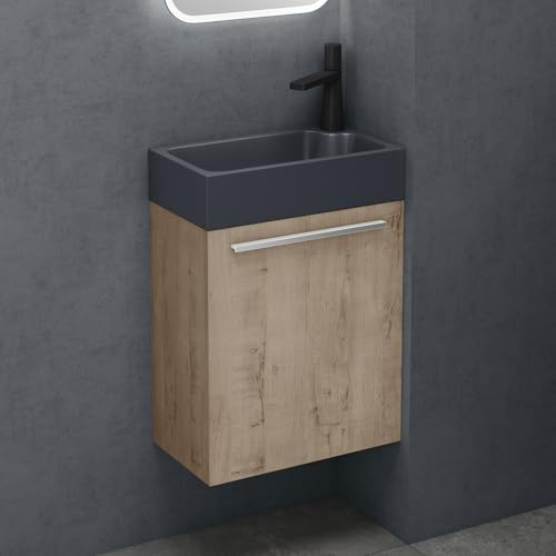 doporro Badezimmerschrank Badmöbel-Set in Eiche Greige BxTxH: 46x26x63 cm Waschbeckenunterschrank mit Mineralguss-Waschbecken in matt Anthrazit Gäste-WC Wandmontage Pisa