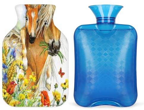 Wärmflasche mit Pferdemotiv Schmetterling Blume mit weichem Bezug 1L Wärmbeutel für heiße und kalte Kompresse, Handfüße und Bettwärmer, Menstruationskrämpfe, Nacken- und Schulterschmerzlinderung