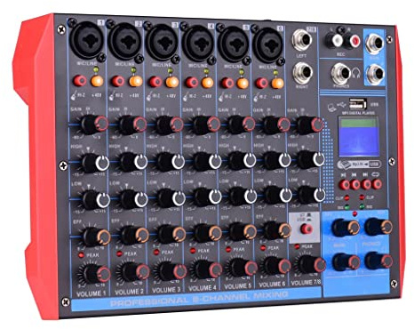 AG- 8 Mesa de mezclas portátil de 8 canales Mezclador de audio digital + alimentación fantasma de 48 V Compatible con conexión BT/USB/MP3