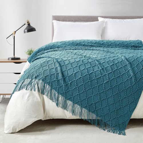 BOURINA Manta de punto jacquard de 50 x 70 pulgadas, color verde azulado | Manta decorativa de punto jacquard con diseño de rombos, sólida, suave, para sofá o cama
