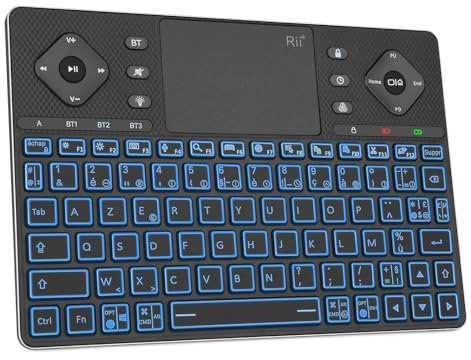 Rii Clavier sans Fil Bluetooth - 3 Canaux, Mini Keyboard AZERTY FrançaisPortable Rétroéclairé Rechargeable Silencieux pour iOS Android TV Windows, Noir