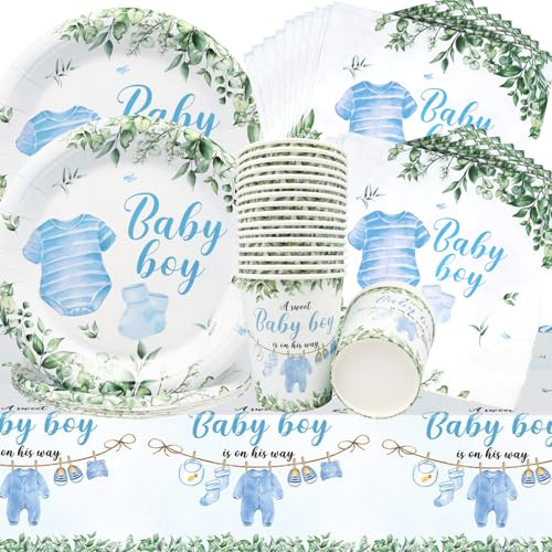 Doyomtoy Stoviglie per festa Baby Shower Blu,61Pezzi Gender Reveal Party Piatti Tazze,Tovaglioli,Tovaglie Adeguato Boys Party Tableware Baby Shower