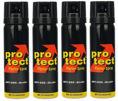 4 Stück Pfefferspray PROTECT Anti-Dog 63 ml Direktstrahl - Zielgenauer und windsatbiler Sprühstrahl mit hoher Reichweite