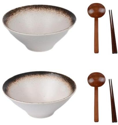 Henrrida 700ml Ceramic Ramen Bowls Set of 2 Japanese Noodle Bowls with Chopsticks and Spoons for Udon Soba Rice Noodles Soup and Salad