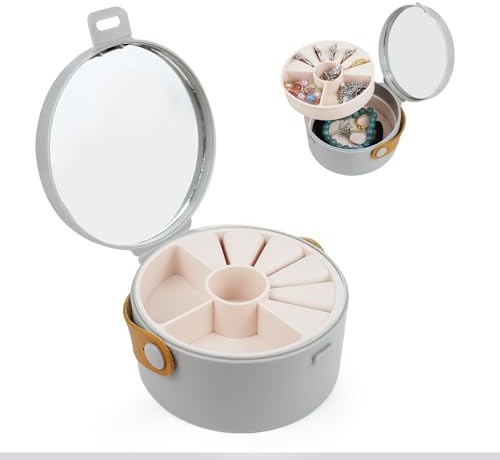 MultiValue Boîte à bijoux Voyage, Simple Circulaire Boîte à bijoux Petite avec miroir Portable Bijoux amovibles Boucles d'oreilles Bracelet Collier (gris)