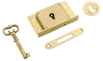 MagiDeal Schrankschloss-Set mit Schlüssel, Messing, Schranktürschloss, Heimdekoration, Möbelbeschläge, Retro-Design, quadratisches Schubladenschloss für, Gold, Schloss 6.3 Cm X 3.8