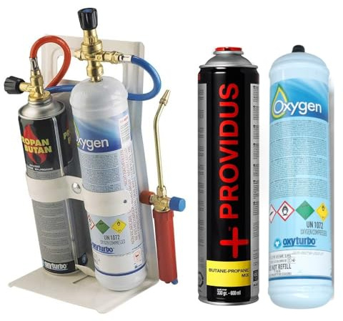 GASFRIGO® - Kit cannello saldatura Oxyturbo Turbo set 30 + 1 Bombola ossigeno per saldatura da 930 ml 110 bar attacco M12X1RH-IT+ 1 Cartuccia per cannello propano/butano 30/70% da 330 gr