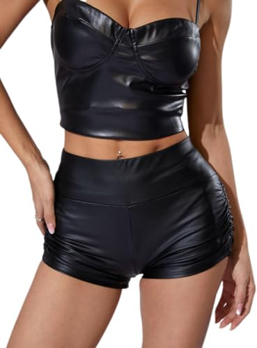 GORGLITTER Women's Sexy PU Leather Mini Shorts High Waisted Ruched Rave Clubwear Legging Shorts Black Small