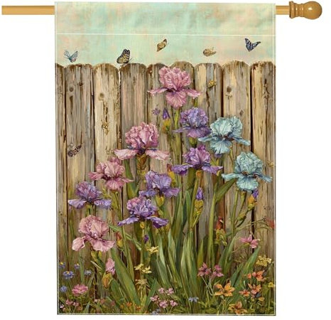 Spring Floral Garden Flag, Violet Iris Butterflies Outdoor Decor Banner, Double Sided Burlap Yard Flag for Home Lawn Decoration 28x40 Inch