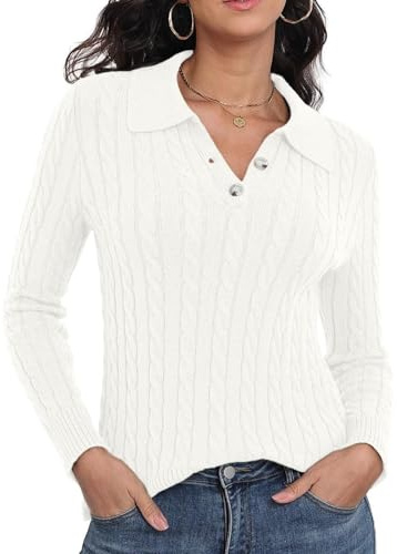 GRECERELLE Women's Knit Jumper Polo Neck | Cable Knit Long Sleeve, Casual, Pullover, Tops, for Fall Winter