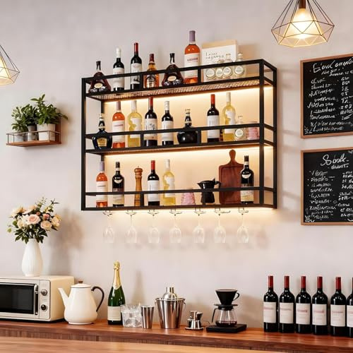 39 Wall Mounted Wine Rack with Bottle Glass Holder, 3-Tiers Metal Bar Shelves for Liquor Bottles with LED Light, Wall Wine Rack for Home, Restaurant, Commercial Bar, Kitchen Storage Display